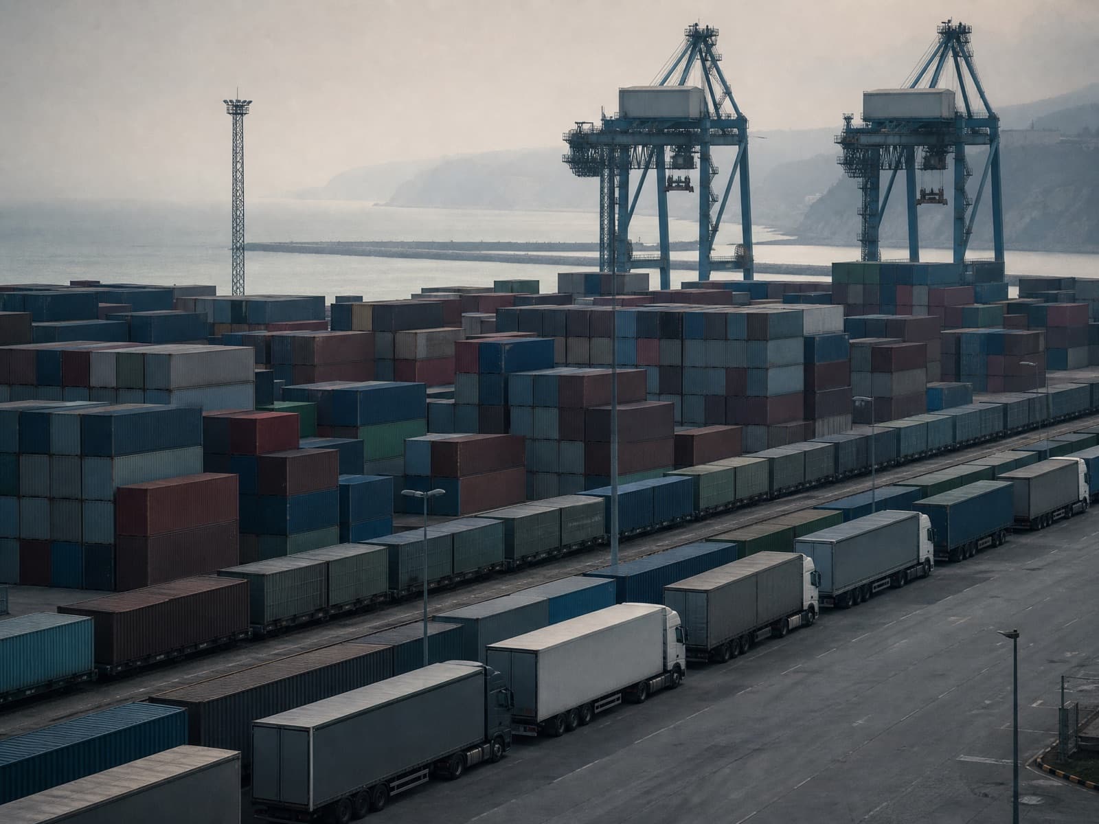 Containers, gantry cranes and waiting road haulage at a Black Sea container terminal.